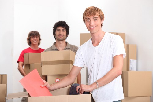 Experienced removals team handling furniture in a Hollandpark apartment building