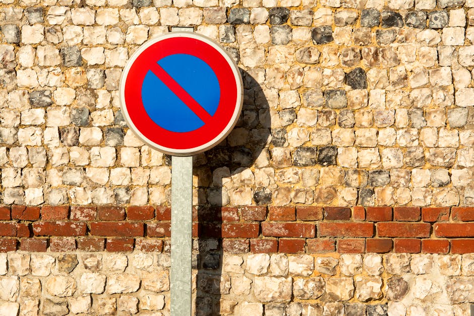 Close-up view of a round no parking traffic sign with a blue background and a red border, mounted on a grey metal post casting a shadow on a textured stone wall made of irregular beige and grey stones
